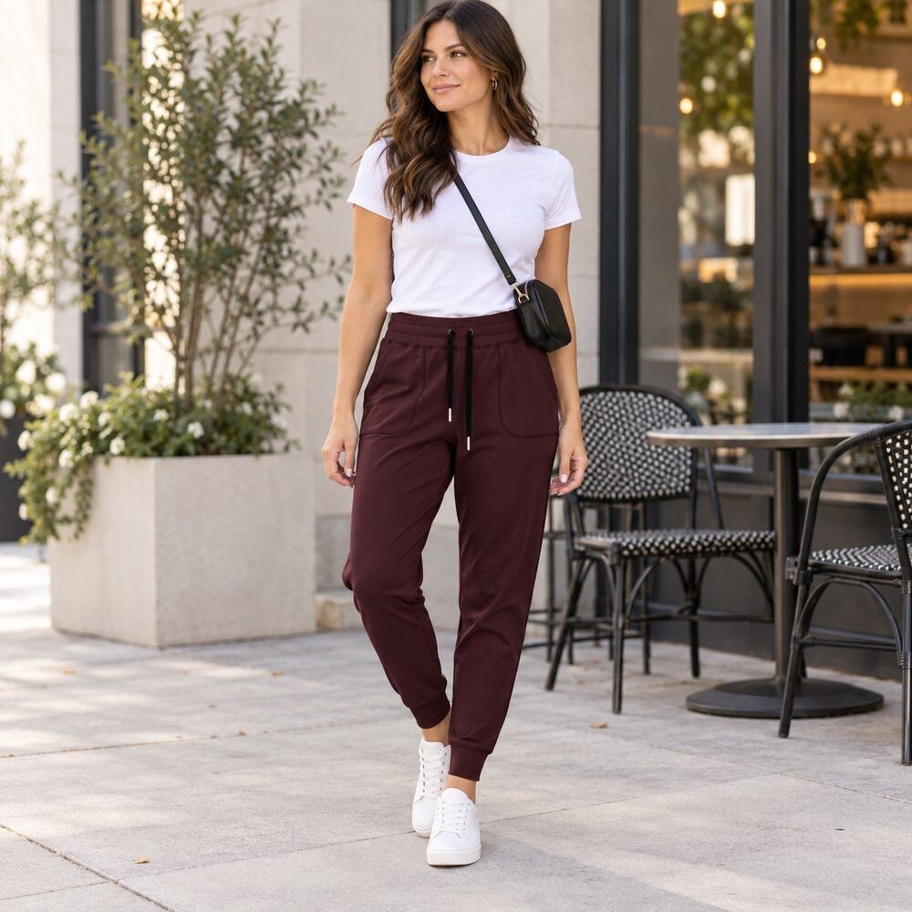 ZYIA Active Burgundy Stretch Joggers Drawstring Pocket Athleisure Pants